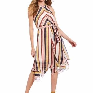 Sanctuary Striped Halter Dress Funky Handkerchief Hem Belt Med White Yellow Red